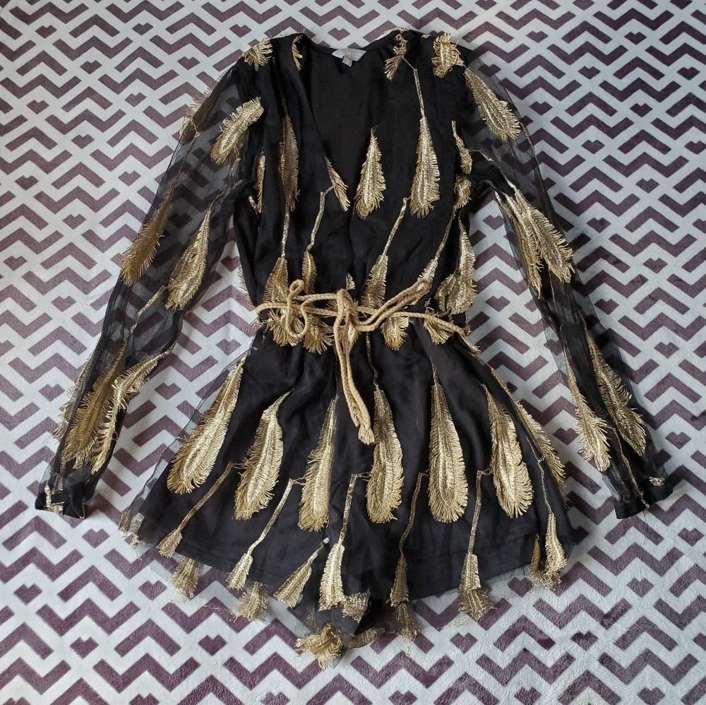 Black and Gold Romper with Sheer Sleeves